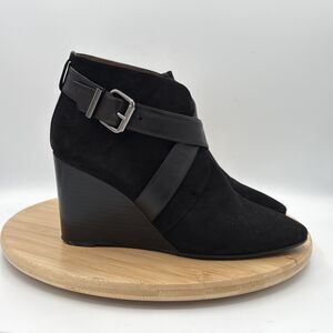 Aquatalia Tillie Black Suede Wedge Booties 10 Italy Silver Buckle Cross Strap